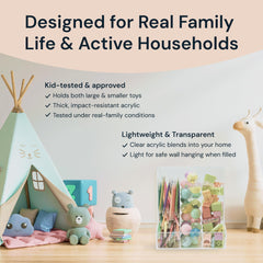 SimplyImagine clear acrylic wall storage enhances kids room decor while organizing toys
