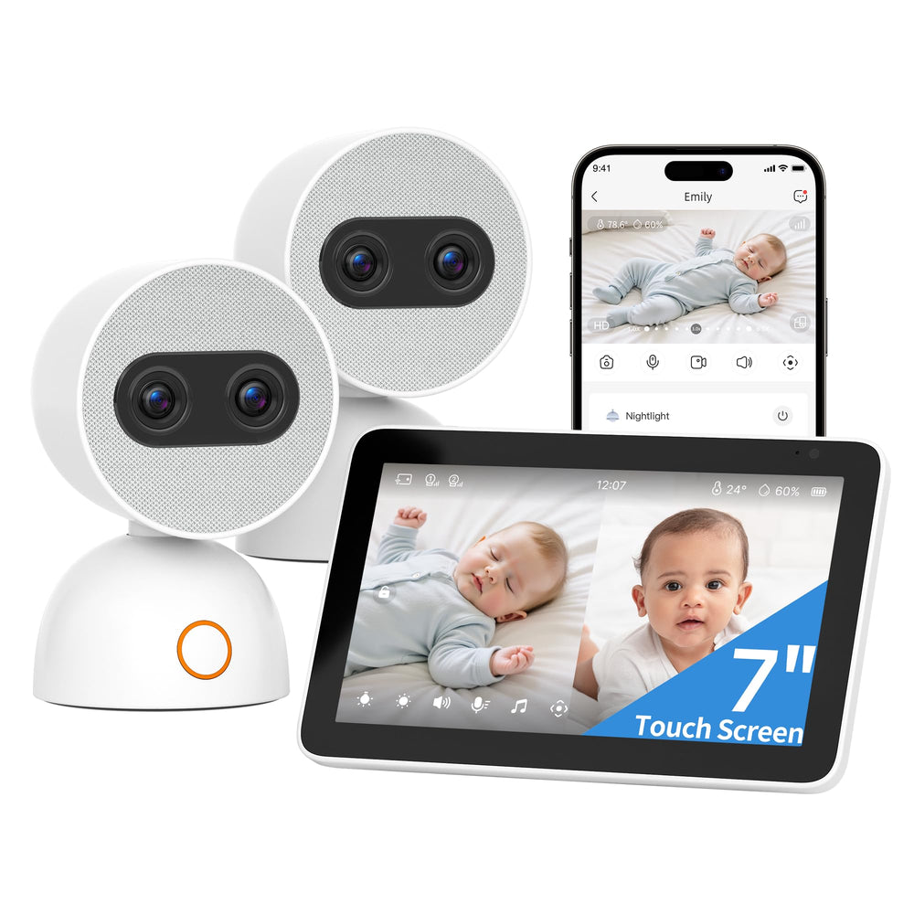 Simsky split-screen monitor front view on 7-inch display for dual-room baby monitoring