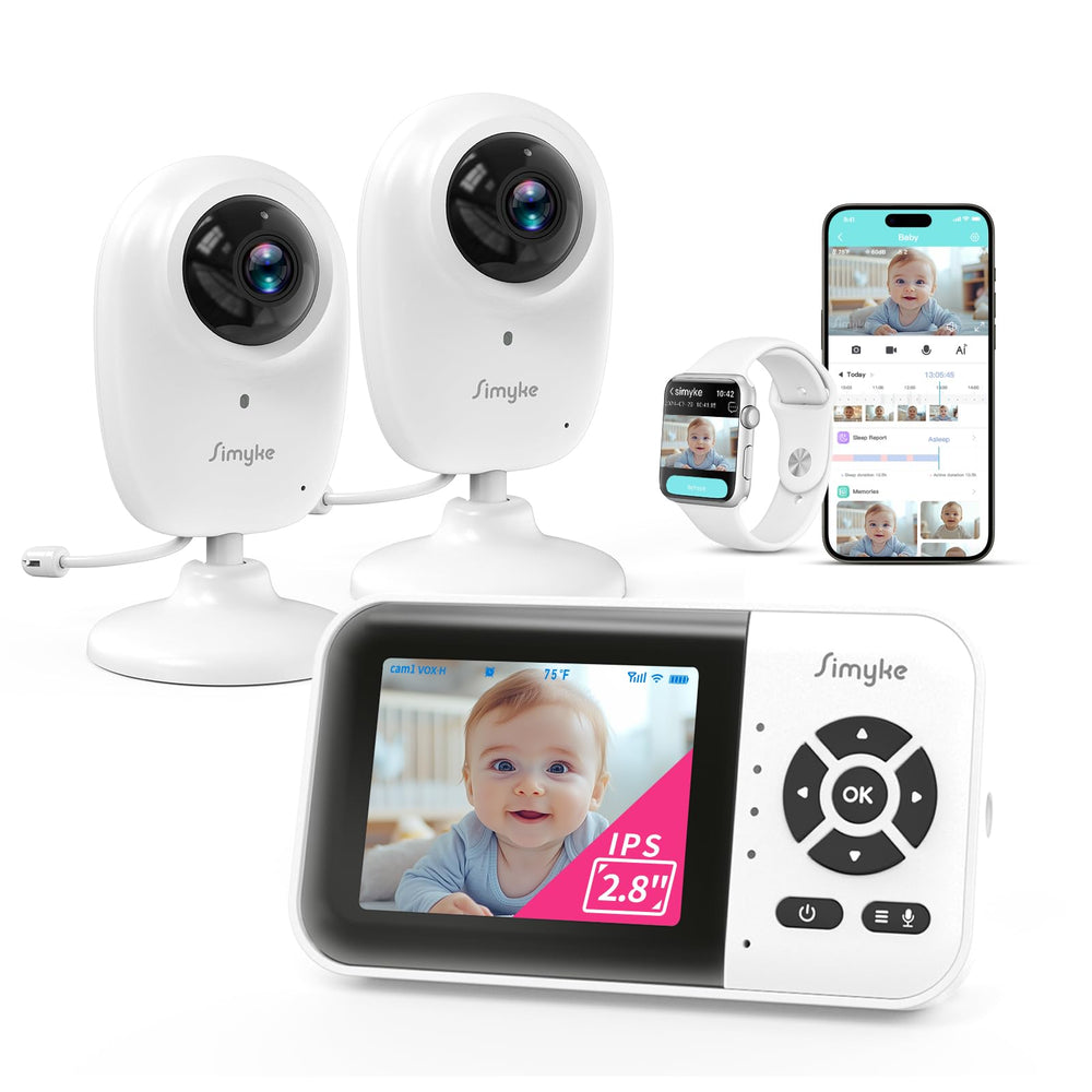 Simyke two-camera baby monitor display with live video for quick night-and-day monitoring.