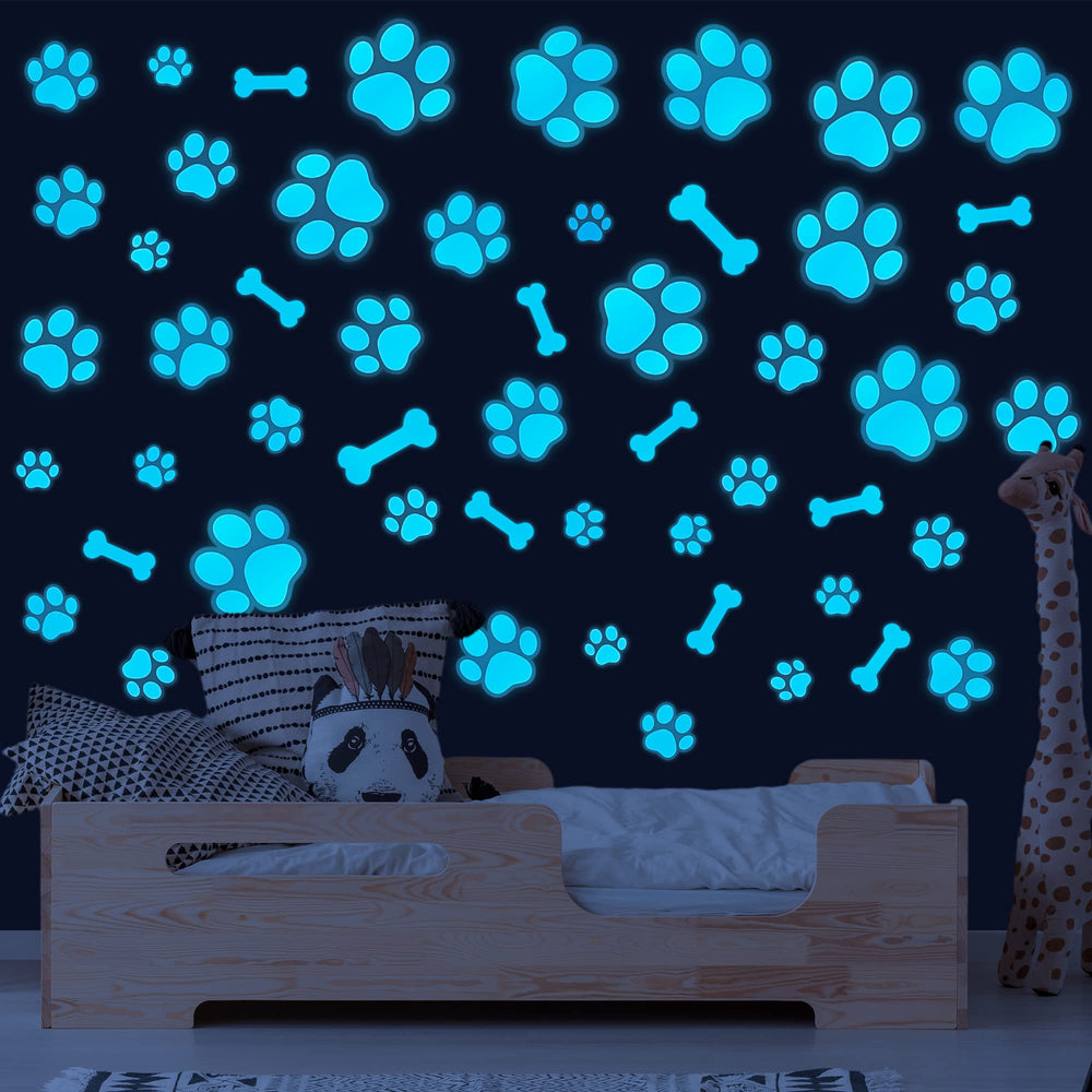 Sinekong glow dog paw print wall decal blue shows vivid daytime color and gentle night glow.