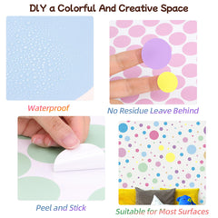 Sinekong polka-dot wall decals pastel playroom-setup; durable vinyl sticks firmly yet removes cleanly.