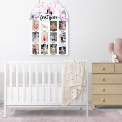 SIXEIGHT first year photo board neutral design blends with party and home decor