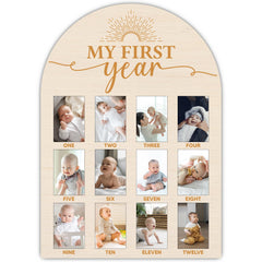 SIXEIGHT One-Year Wood Photo Board front view for a timeless baby milestone keepsake