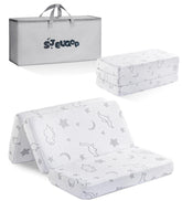 SJEUQOP trifold pack and play mattress folded for storage and travel convenience.
