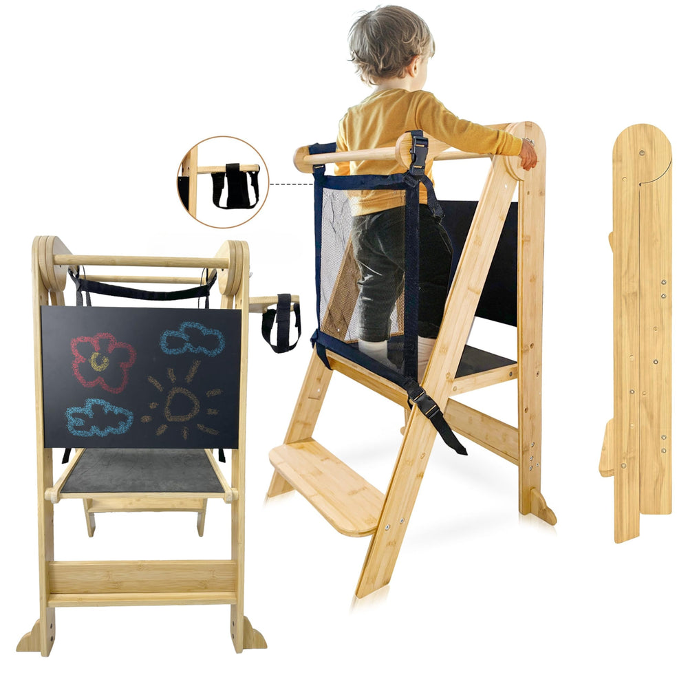 SK SMART KIDS foldable toddler tower with cup holder aiding independent kitchen tasks
