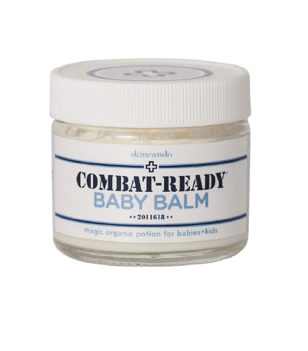 Skincando Combat Ready Skin Balm jar showcases organic moisturizing for baby and kid skin