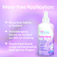 SkinSmart 8oz spray packaging shown colorless and mess-free for simple breastfeeding care.