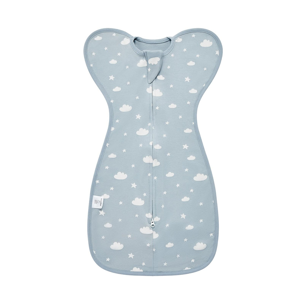 Sky Clouds swaddle wrap back view showing soft cotton and secure snug fit for newborns