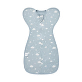 Sky Clouds swaddle wrap back view showing soft cotton and secure snug fit for newborns