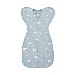 Sky Clouds swaddle wrap back view showing soft cotton and secure snug fit for newborns