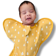 Sky Clouds swaddle wrap secure fit demonstrates easy wrapping for parents