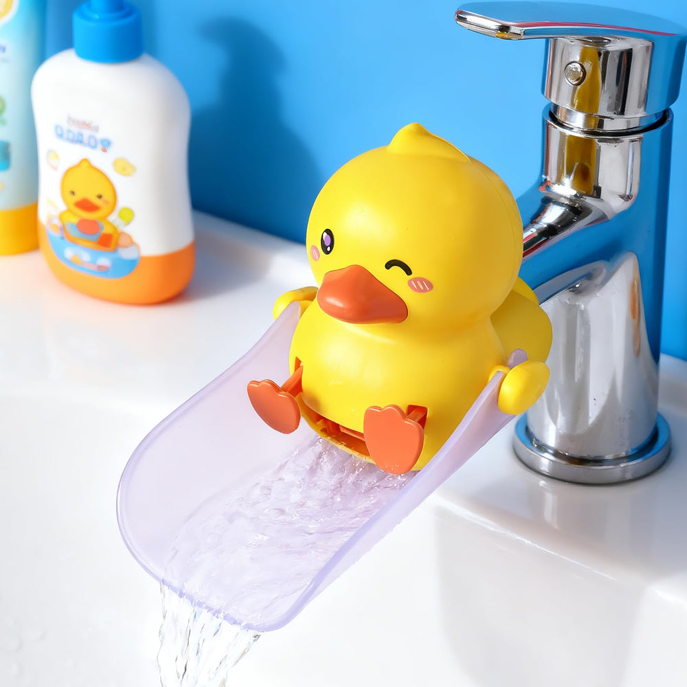 Skyroku Duck-Tastic faucet extender in front view helps kids reach water easily
