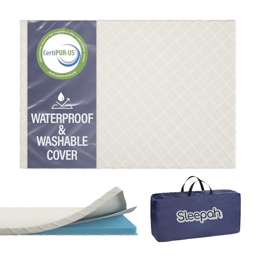 Sleepah Pack and Play Mattress foam pad folded for compact storage and portability.