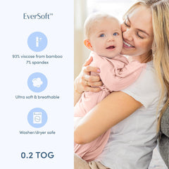 SleepingBaby Bamboo Zipadee-Zip baby in swaddle reveals roomy leg design.