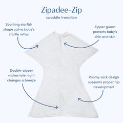 SleepingBaby Zipadee-Zip dual-zipper enables quick diaper changes.