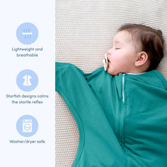SleepingBaby Zipadee-Zip teal zippered swaddle facilitates easy diaper changes