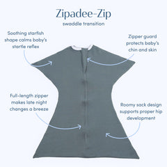 SleepingBaby Zipadee-Zip wearable blanket in classic grey supports safe, cozy sleep without loose blankets.