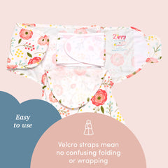 SleepingBaby Zippy Swaddle wearable blanket showcased for secure swaddle without restricted leg movement.