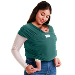 Sleepy Wrap dark green baby carrier closeup shows soft stretch fabric for comfort.