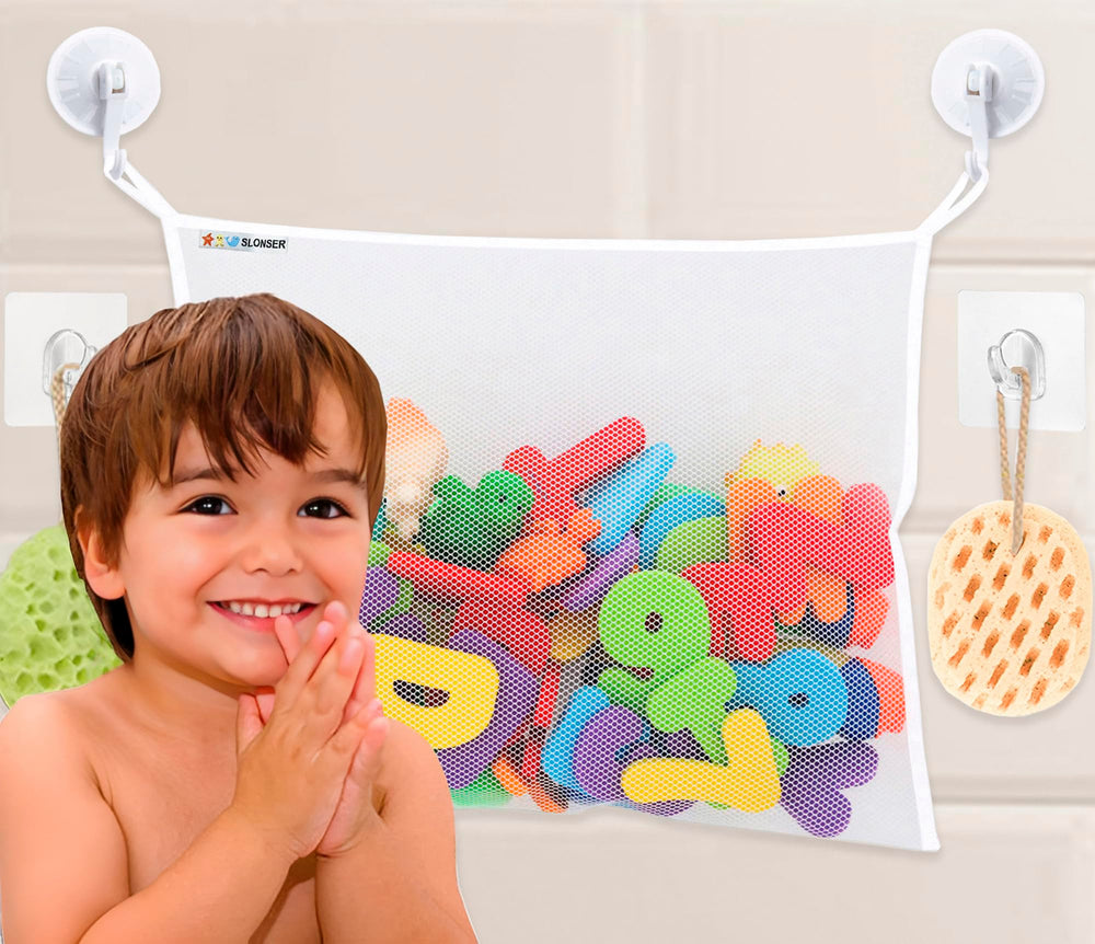 Slonser bath toy net 18x16 inch keeps toys neatly organized after bath.