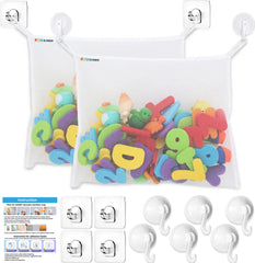 Slonser bath toy net corner mesh basket keeps tub clutter tidy.