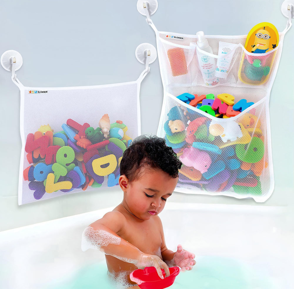 Slonser large bath toy holder in corner mesh bag keeps tub toys organized and dry.