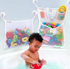 Slonser large bath toy holder in corner mesh bag keeps tub toys organized and dry.