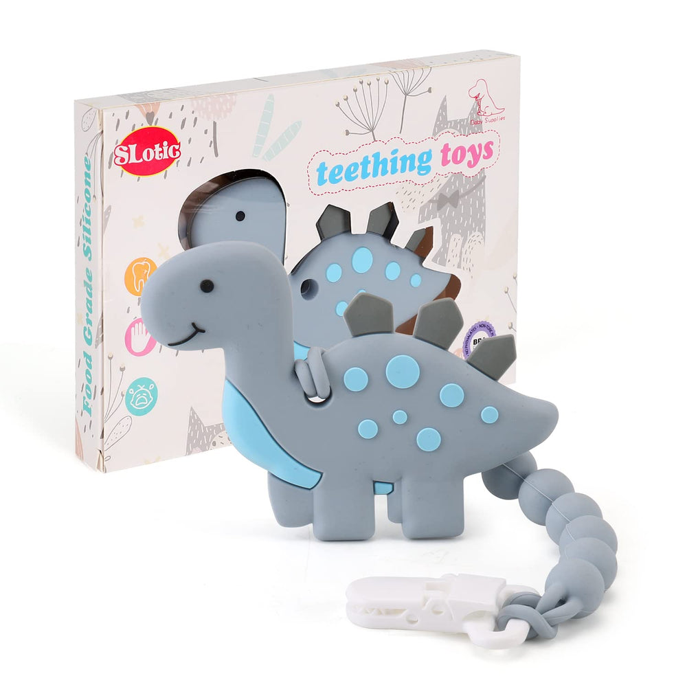 Slotic dinosaur teether with one-piece design in grey for safe chewing