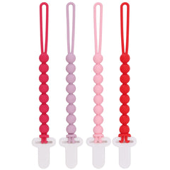 Slotic pacifier clip pink one-piece beads closeup demonstrates safer design for newborns.