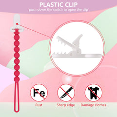 Slotic pacifier clip pink rust-free plastic body ready for busy, on-the-go use.