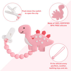 Slotic pacifier-clip secured teether showing safe, rust-free plastic clip.