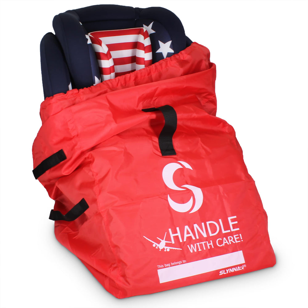SLYNNAR car seat travel bag with protective material shields seats during travel.