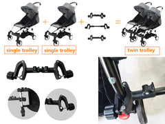 Smile Saki twin stroller connector lock adjustment highlighting adjustable length for spacing.