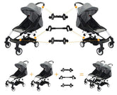 Smile Saki twin stroller connector side view showing linked umbrellas for coordinated travel.