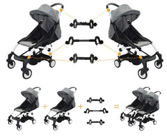Smile Saki twin stroller connector side view showing linked umbrellas for coordinated travel.