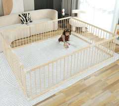 Smilebaby wooden playpen slats spacing view for visibility during play.