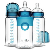 Smilo baby bottle front view with stage 0 anti-colic nipple in aqua blue for gentle newborn feeding