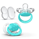 Smilo baby pacifier two-pack aqua blue, showcasing convenience and newborn comfort