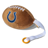 Smilo Colts plush football pacifier holder close-up shows soft fabric and BPA-free ring.
