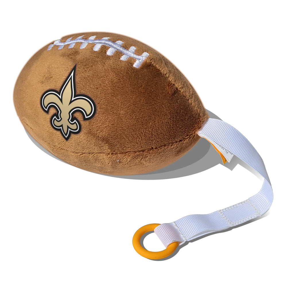 Smilo New Orleans Saints plush football pacifier holder ensures pacifier is close during adventures
