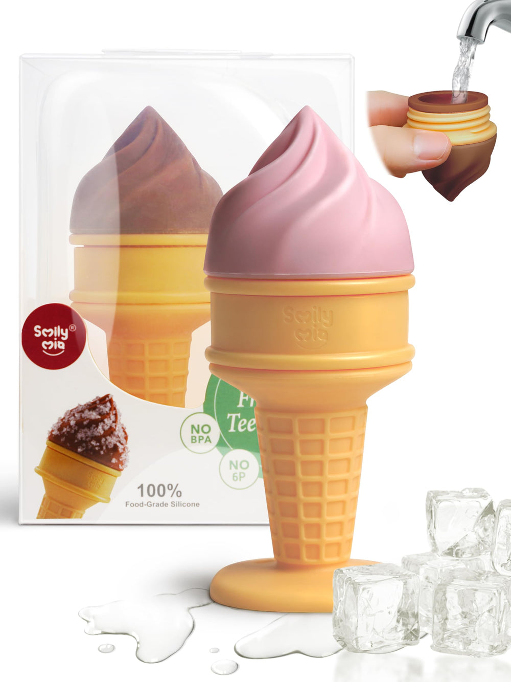 Smily Mia Ice Cream Cone Teether close-up in peach pink, soothing teething gums.