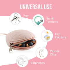 Smlpuame loop attachment keeps pacifiers handy on stroller or bag.