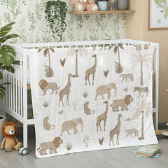 SmoothNovelty Safari Animal Blanket close-up fabric shows breathable cotton muslin for gentle warmth.