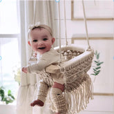 SN HANDICRAFTS baby macrame swing fringe closeup, showcasing soft texture and decorative details for nursery charm.