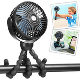 Snawowo mini portable baby stroller fan demonstrates tripod setup for flexible on-the-go cooling.