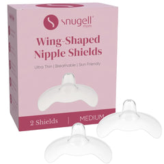 Snugell wing-shaped nipple shield two-pack with case for secure, comfortable nursing on the go.
