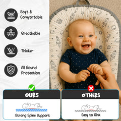 Snugglez baby lounger side view demonstrates portable setup for room-to-room convenience.