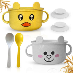 SnugglyBites unbreakable bowls bear-face design for kid-friendly meals and reduced mess.
