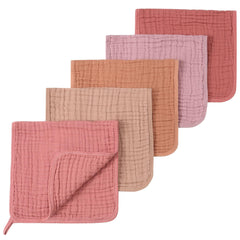 SnugOre Muslin Burp Cloths 5-Pack flatlay shows soft texture and generous 20x12 inch size