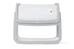 SnuzPod 4 Dove close view shows contemporary bedside bassinet design for easy access